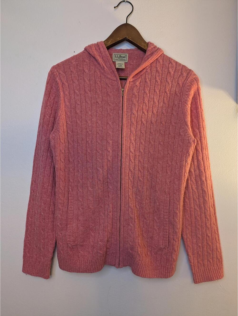L.L.Bean Women's Cable Knit Full Zip Hoodie Sweater Size M Pink Lambswool Blend